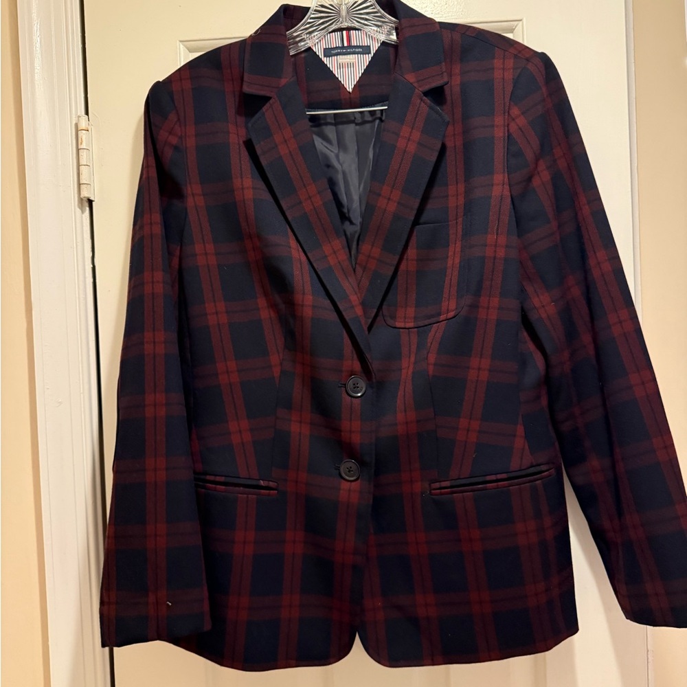 Tommy Hilfiger Burgundy and Navy Blue Plaid Blazer